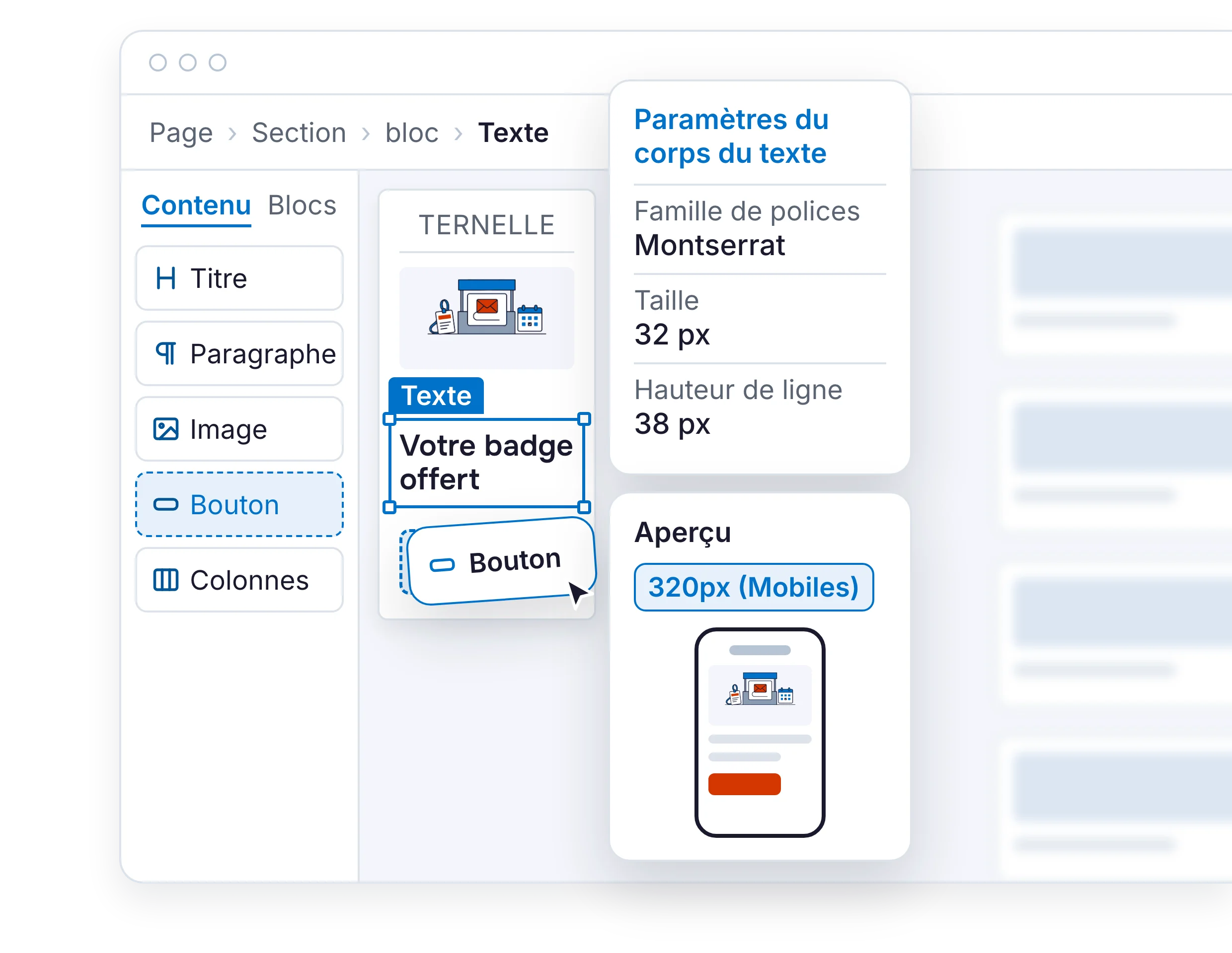 Illustration de l'éditeur responsive Ediware : un bloc Bouton glissé depuis la palette dans un email en construction, les paramètres du texte sélectionné et l'aperçu au format mobile