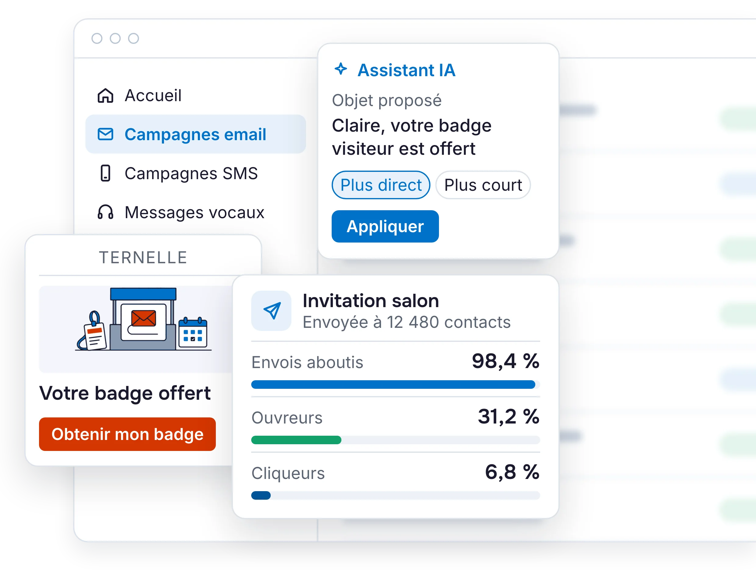Illustration de l'interface Ediware : une campagne envoyée avec ses taux d'envois aboutis, d'ouvreurs et de cliqueurs, l'objet proposé par l'assistant IA et l'aperçu de l'email