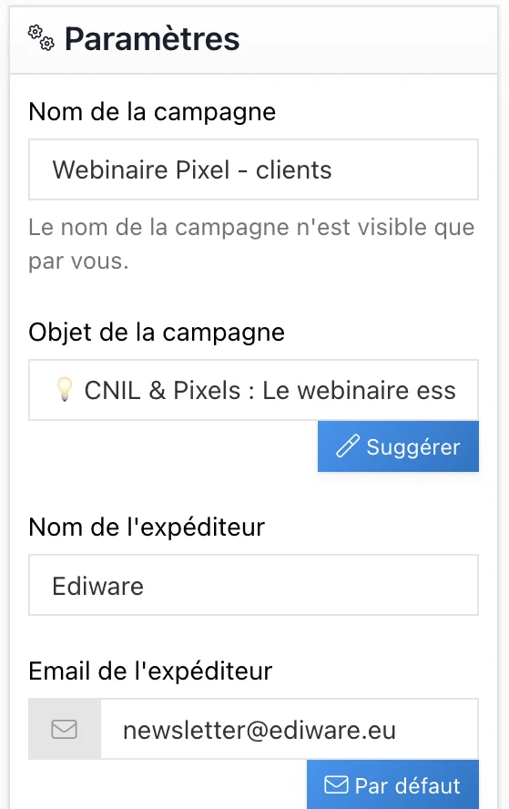 Les paramètres d'une campagne Ediware : l'objet suggéré par l'assistant IA, le nom et l'adresse de l'expéditeur