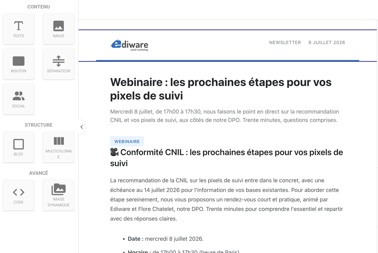 L'éditeur par blocs d'Ediware : texte, image, bouton, séparateur, colonnes et code, glissés dans le message